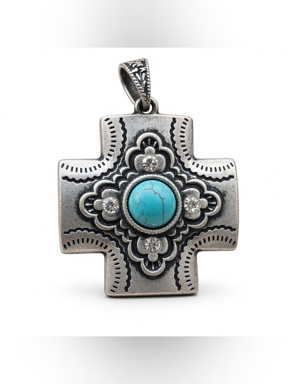 Western Turquoise Cross Pendant | Silver Tone Boho Statement Necklace Charm